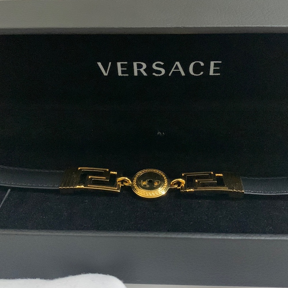 VERSACE Unisex Black & Gold Leather Bracelet